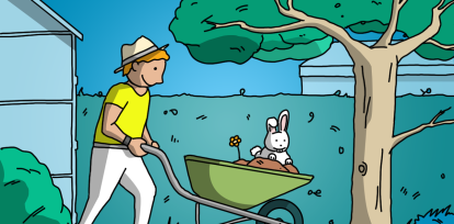 Ilustración de un hombre con su carretilla en el jardín,Ilustración de un hombre con su carretilla en el jardín