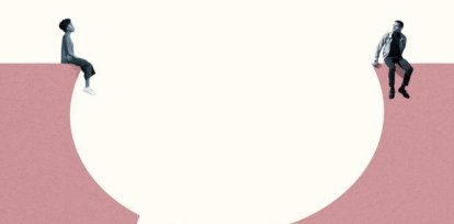 Young man and woman sitting around large blank thought bubble against white background,Young man and woman sitting around large blank thought bubble against white background