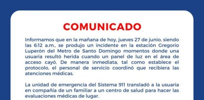 Mujer resulta herida al caer panel de luz de estación del Metro de Santo Domingo,Mujer resulta herida al caer panel de luz de estación del Metro de Santo Domingo