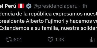 Presidencia del Perú se pronuncia por salud de Alberto Fujimori. (Fuente: X/ @presidenciaperu),Presidencia del Perú se pronuncia por salud de Alberto Fujimori. (Fuente: X/ @presidenciaperu)