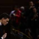 Leader of Spanish Socialist Party (PSOE) Pedro Sanchez speaks at Las Cortes in Madrid on March 1, 2016 during a parliamentary debate to vote him through as prime minister and allow the country to finally get a government The parliamentary session is a key step towards trying to unblock nearly 11 weeks of political stalemate since inconclusive December elections resulted in a hung parliament divided among four main parties -- none of which won enough seats to govern alone.

 / AFP / PIERRE-PHILIPPE MARCOU