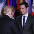 NEW YORK, NY - NOVEMBER 08: President-elect Donald Trump embraces son in law Jared Kushner,(R), after his acceptance speech at the New York Hilton Midtown in the early morning hours of November 9, 2016 in New York City. Donald Trump defeated Democratic presidential nominee Hillary Clinton to become the 45th president of the United States.   Mark Wilson/Getty Images/AFP
== FOR NEWSPAPERS, INTERNET, TELCOS & TELEVISION USE ONLY ==