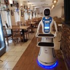  La ciencia ficción ya imaginaba un futuro en el que los robots son nuestros compañeros y ayudantes. Ese tiempo ha llegado ya a un local de Budapest, donde unos camareros electrónicos sirven comidas y bebidas. La empresa informática E-Szoftverfejlesztö ha creado el "Enjoy Budapest Café", donde trabajan siete androides que saludan a quien entra en el local, sirven los pedidos y ofrecen diferentes juegos para entretener a los clientes. Los robots se mueven en el local en silencio, llevan el café y las comidas a las mesas, donde el cliente se sirve de la bandeja del camarero electrónico, que después de tocarle el "brazo" vuelve hasta el mostrador, para esperar allí al siguiente pedido.- EFEMarcelo Nagy