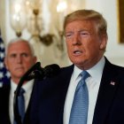 US President Donald J. Trump makes a statement at the White House in response to two separate shooting incidents