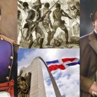 Matías Ramón Mella a la izquierda y Juan Pablo Duarte a la derecha. Arriba la invasión haitiana de 1822 y abajo la bandera dominicana 