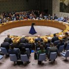 Miembros del Consejo de Seguridad de las Naciones Unidas mientras se votaba la resolución de ayudar Gaza.  EFE