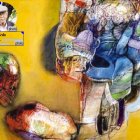 Ramón Oviedo.  Contorsionados. Mixta sobre tela, 25x30 pulgadas. Sf. Colección Báez-Tavárez.  Fotografía de Mariano Hernández. Cortesía CCP.