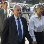 Democratic U.S. Sen. Bob Menendez of New Jersey and his wife Nadine Menendez arrive to the federal courthouse in New York, Wednesday, Sept. 27, 2023. Menendez is due in court to answer to federal charges alleging he used his powerful post to secretly advance Egyptian interests and carry out favors for local businessmen in exchange for bribes of cash and gold bars. (AP Photo/Jeenah Moon)