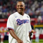 ARLINGTON, TX - OCTOBER 28:   Adrian Beltre walks off the mound after throwing the ceremonial first pitch prior to Game 2 of the 2023 World Series between the Arizona Diamondbacks and the Texas Rangers at Globe Life Field on Saturday, October 28, 2023 in Arlington, Texas. (Photo by Daniel Shirey/MLB Photos via Getty Images)