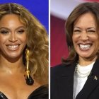 Esta combinación de fotos muestra a Beyoncé en los Premios Grammy en Los Ángeles, el 14 de marzo de 2021, a la izquierda, y la candidata presidencial demócrata a la vicepresidenta Kamala Harris en un ayuntamiento de CNN en Aston, Pensilvania, octubre. AP