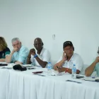 Los directivos de Centro Caribe Sports, durante el encuentro ayer.