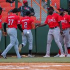 Jugadores de los Leones del Escogido celebran anotar carreras.
