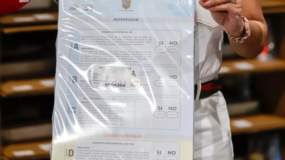 Vista de un paquete con papeletas de votación para el referéndum del 16 de noviembre de 2025 en Quito (Ecuador).
