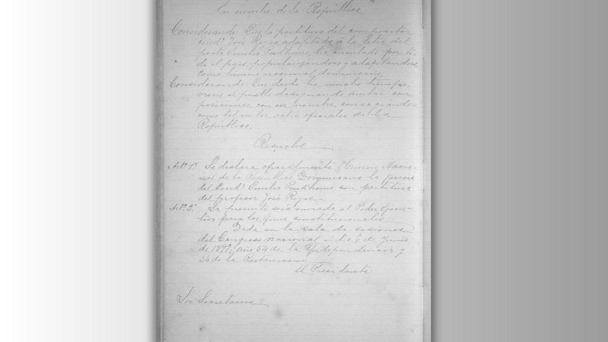 foto publicada por el Archivo General de la Nación sobre la Resolución del Congreso Nacional que declara oficialmente Himno Nacional de la República Dominic.