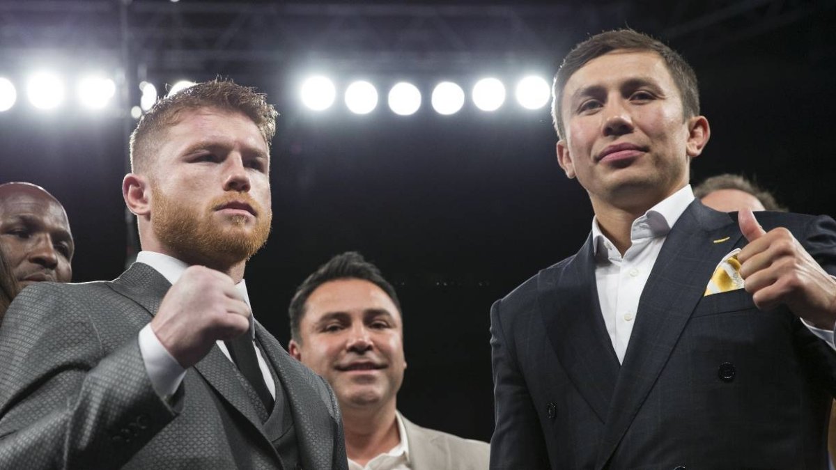 FILE - In this May 6, 2017, file photo, Canelo Alvarez, left, and Gennady Golovkin pose in Las Vegas. Alvarez against Golovkin is as good as it gets in the Sweet Science, a sport that is in the midst of a renaissance of sorts. They meet Saturday night, Sept. 16, 2017, in a middleweight title clash as highly anticipated by boxing purists as was McGregor's challenge of Mayweather to UFC fans. (Erik Verduzco/Las Vegas Review-Journal via AP, File)/Las Vegas Review-Journal via AP)