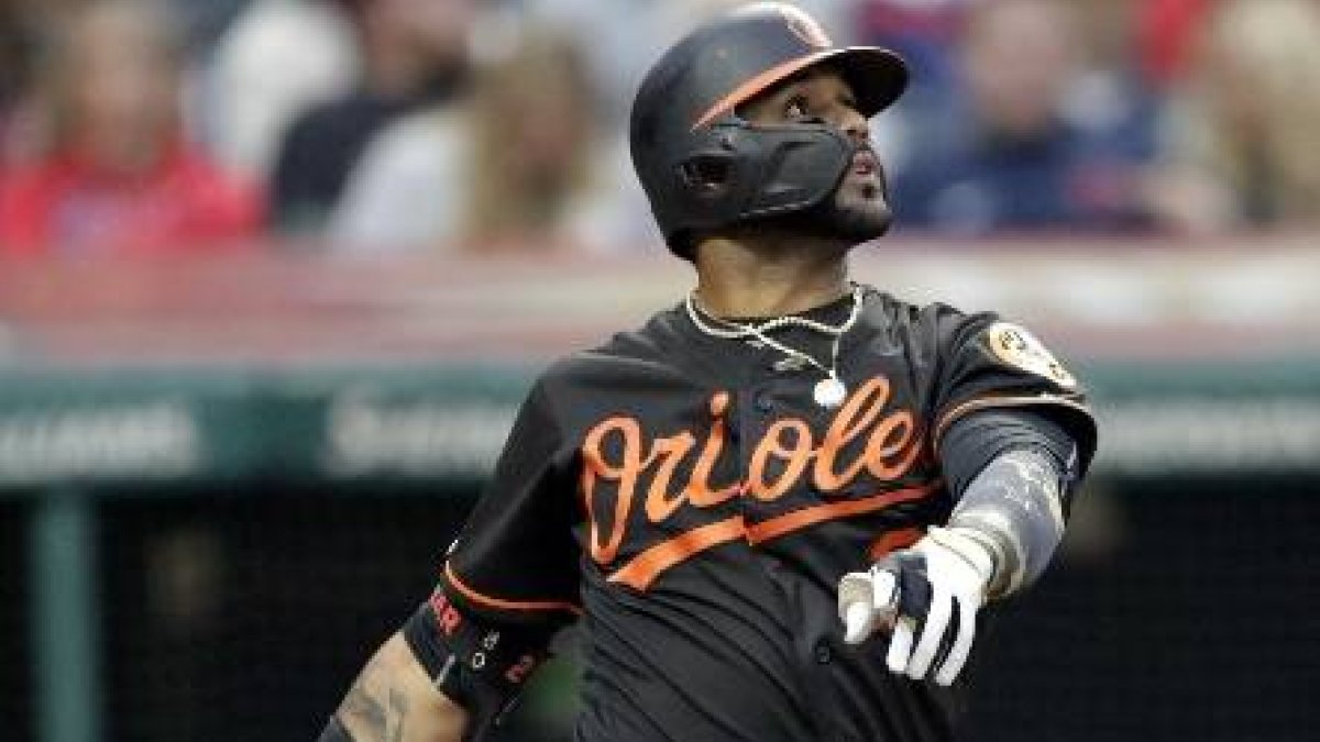 Baltimore Orioles' Jonathan Villar watches his three-run home run off Cleveland Indians starting pitcher Jefry Rodriguez in the third inning of a baseball game, Friday, May 17, 2019, in Cleveland. Rio Ruiz and Austin Wynns also scored on the play. (AP Photo/Tony Dejak)