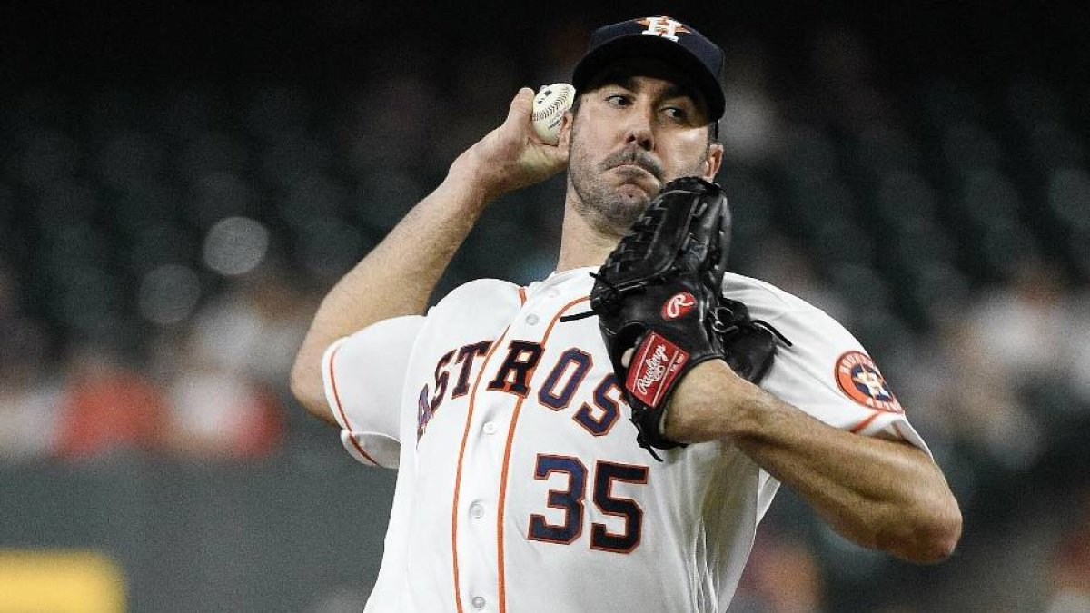 Houston Astros starting pitcher Justin Verlander delivers during the first inning of a baseball game against the Minnesota Twins, Wednesday, April 24, 2019, in Houston. (AP Photo/Eric Christian Smith)