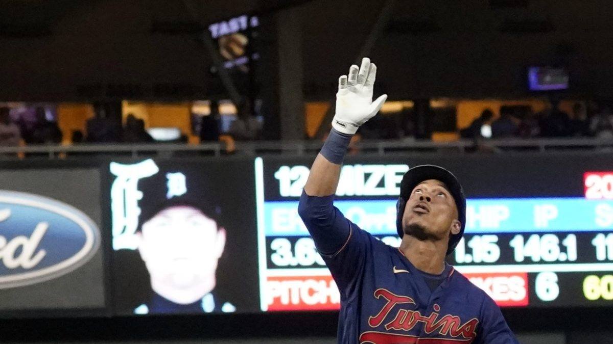 Minnesota Twins' Jorge Polanco celebrates his three-run home run off Detroit Tigers pitcher Casey Mize in the first inning of a baseball game, Wednesday, Sept. 29, 2021, in Minneapolis. (Photo by Jim Mone)