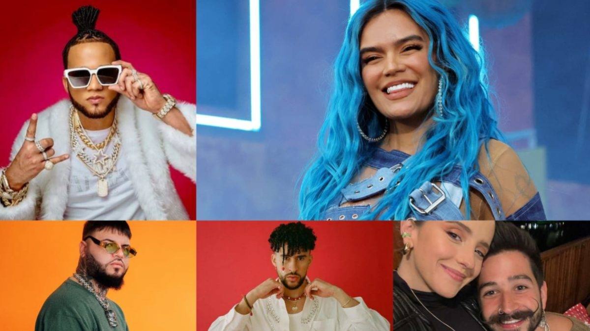 Arriba: El Alfa, Karol G, Abajo de izquierda a derecha: Farruko, Bad Bunny y Eva Luna Montaner y Camilo.