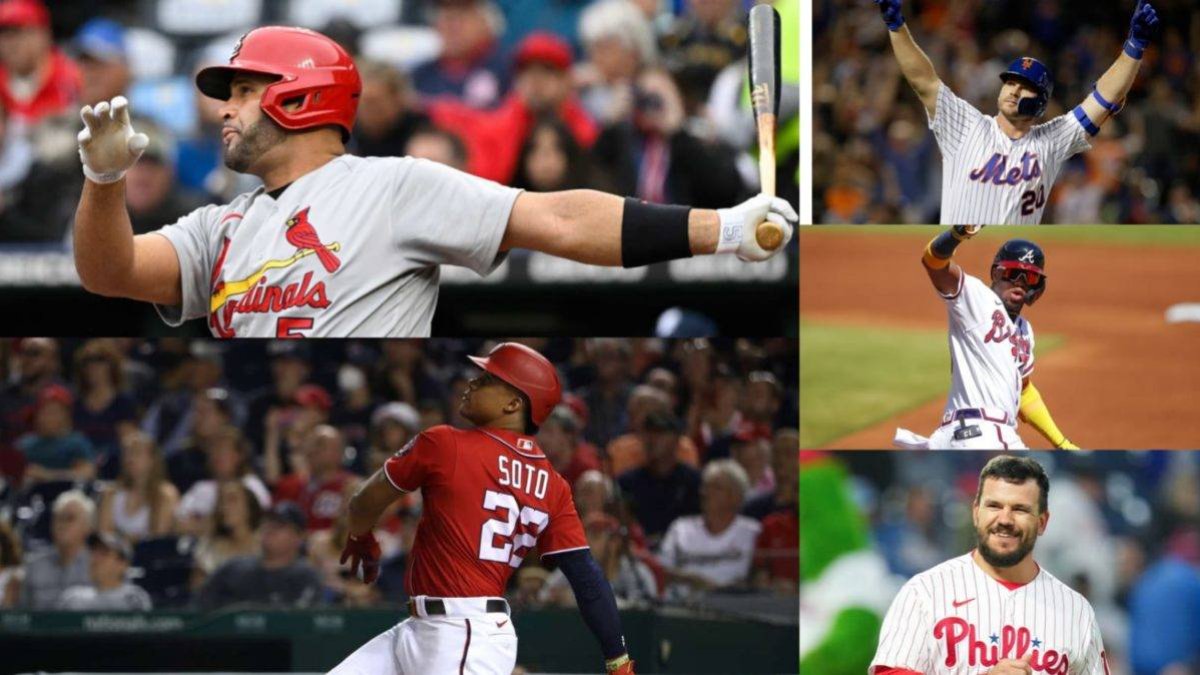 Lado izquierdo: Albert Pujols y Juan Soto. Lado derecho de arriba hacia abajo: Pete Alonso, Ronald Acuña y Kyle Schwarber