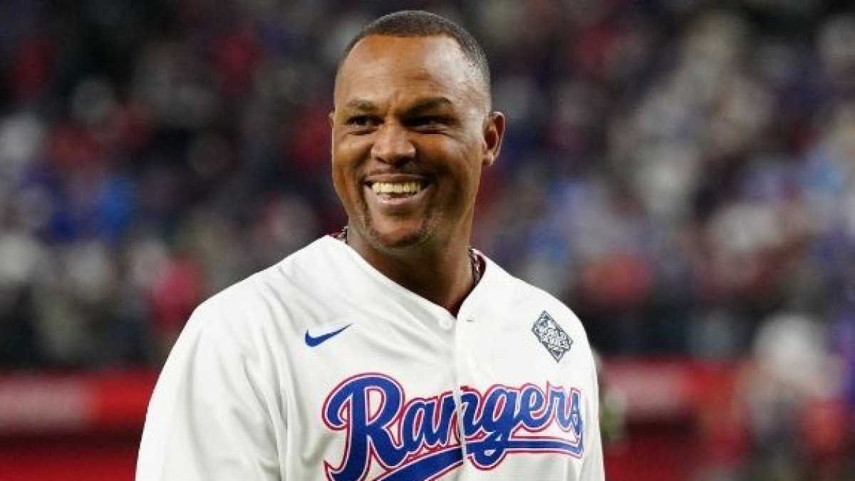 ARLINGTON, TX - OCTOBER 28:   Adrian Beltre walks off the mound after throwing the ceremonial first pitch prior to Game 2 of the 2023 World Series between the Arizona Diamondbacks and the Texas Rangers at Globe Life Field on Saturday, October 28, 2023 in Arlington, Texas. (Photo by Daniel Shirey/MLB Photos via Getty Images)