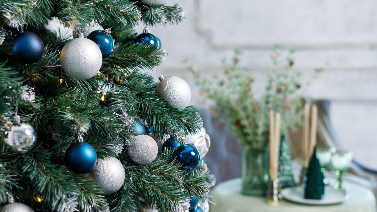 Christmas,Tree,With,Blue,And,Silver,Toys.,Festively,Decorated,Christmas