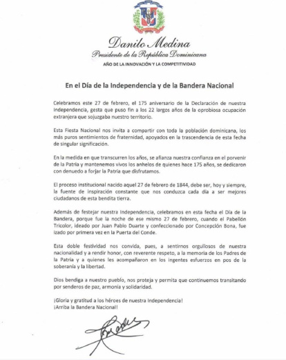 El mensaje de Danilo Medina por Día de la Independencia y la Bandera ...