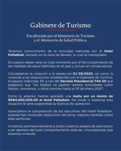 Gabinete de Turismo impone multa de 4 millones a hotel que realizó fiesta en Bávaro,Gabinete de Turismo impone multa de 4 millones a hotel que realizó fiesta en Bávaro