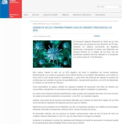 Chile reporta primer caso ómicron proveniente de República Dominicana,Chile reporta primer caso ómicron proveniente de República Dominicana