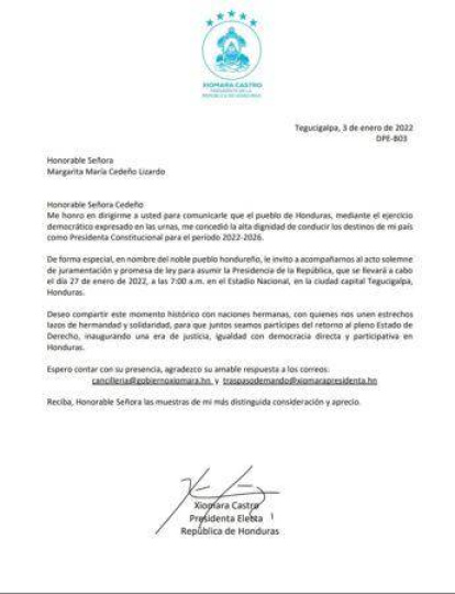 Xiomara Castro invita a Margarita, Leonel y Danilo a su toma de posesión,Xiomara Castro invita a Margarita, Leonel y Danilo a su toma de posesión