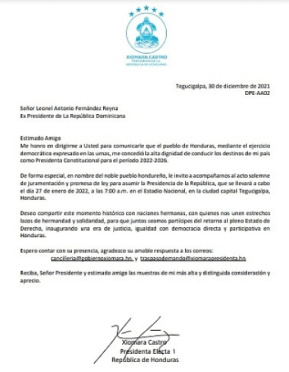 Xiomara Castro invita a Margarita, Leonel y Danilo a su toma de posesión,Xiomara Castro invita a Margarita, Leonel y Danilo a su toma de posesión
