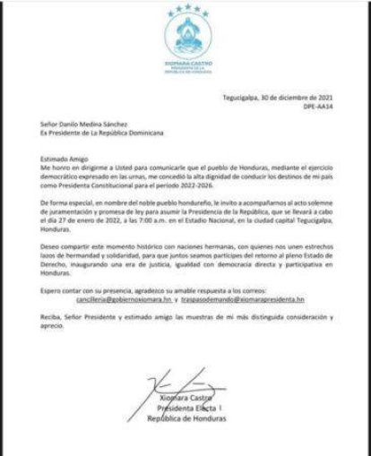 Xiomara Castro invita a Margarita, Leonel y Danilo a su toma de posesión,Xiomara Castro invita a Margarita, Leonel y Danilo a su toma de posesión