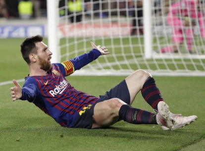 Barcelona's Lionel Messi celebrates after scoring his side's third goal during the Champions League semifinal, first leg, soccer match between FC Barcelona