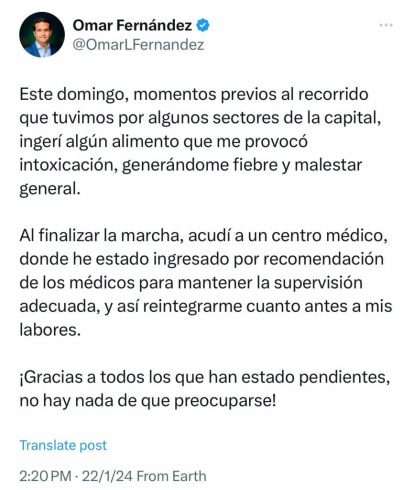 Este es el estado de salud de Omar Fernández tras intoxicarse,Este es el estado de salud de Omar Fernández tras intoxicarse