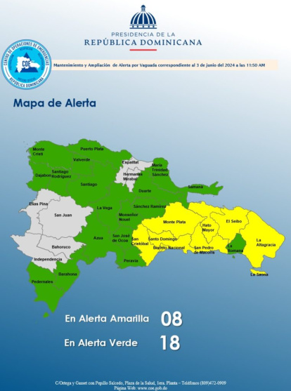 18 provincias en alerta verde y 8 en amarilla por lluvias,18 provincias en alerta verde y 8 en amarilla por lluvias