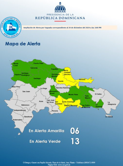 ¡Precaución! COE mantiene cinco provincias en alerta amarilla y aumenta a 13 en verde,¡Precaución! COE mantiene cinco provincias en alerta amarilla y aumenta a 13 en verde