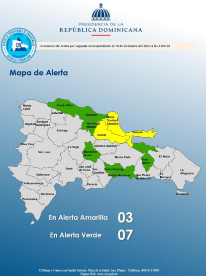COE coloca 3 provincias en alerta amarilla y mantiene 7 en verde por vaguada y vientos,COE coloca 3 provincias en alerta amarilla y mantiene 7 en verde por vaguada y vientos