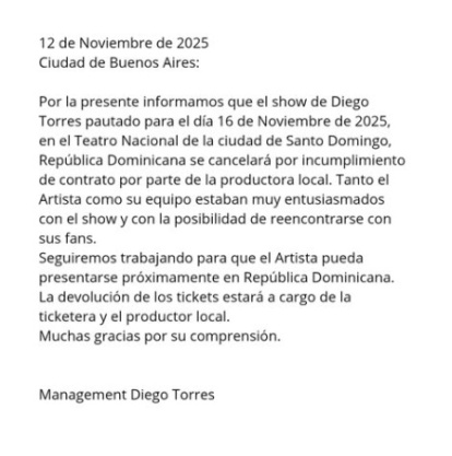 Comunicado de Diego Torres