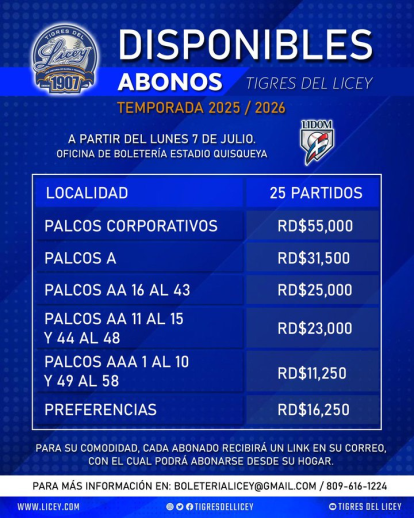 Precios oficiales de los abonos del Licey para la temporada 2025-26,Precios oficiales de los abonos del Licey para la temporada 2025-26