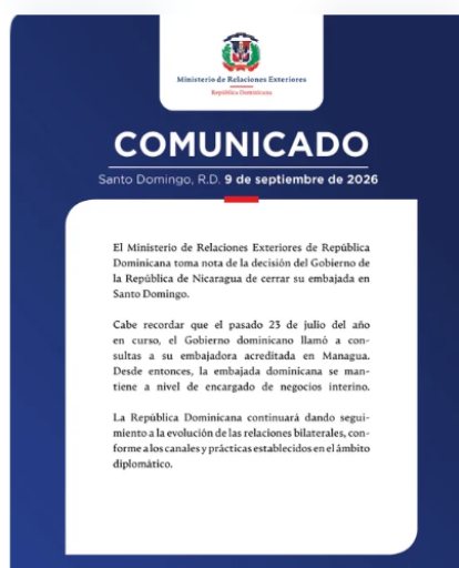 La Cancillería dominicana confirmó que seguirá observando la evolución de las relaciones bilaterales tras la decisión del Gobierno nicaragüense de retirar su misión diplomática.