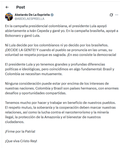 En contraste con los cuestionamientos de Castillo, el presidente colombiano Abelardo de la Espriella reconoció públicamente el triunfo electoral de Lula