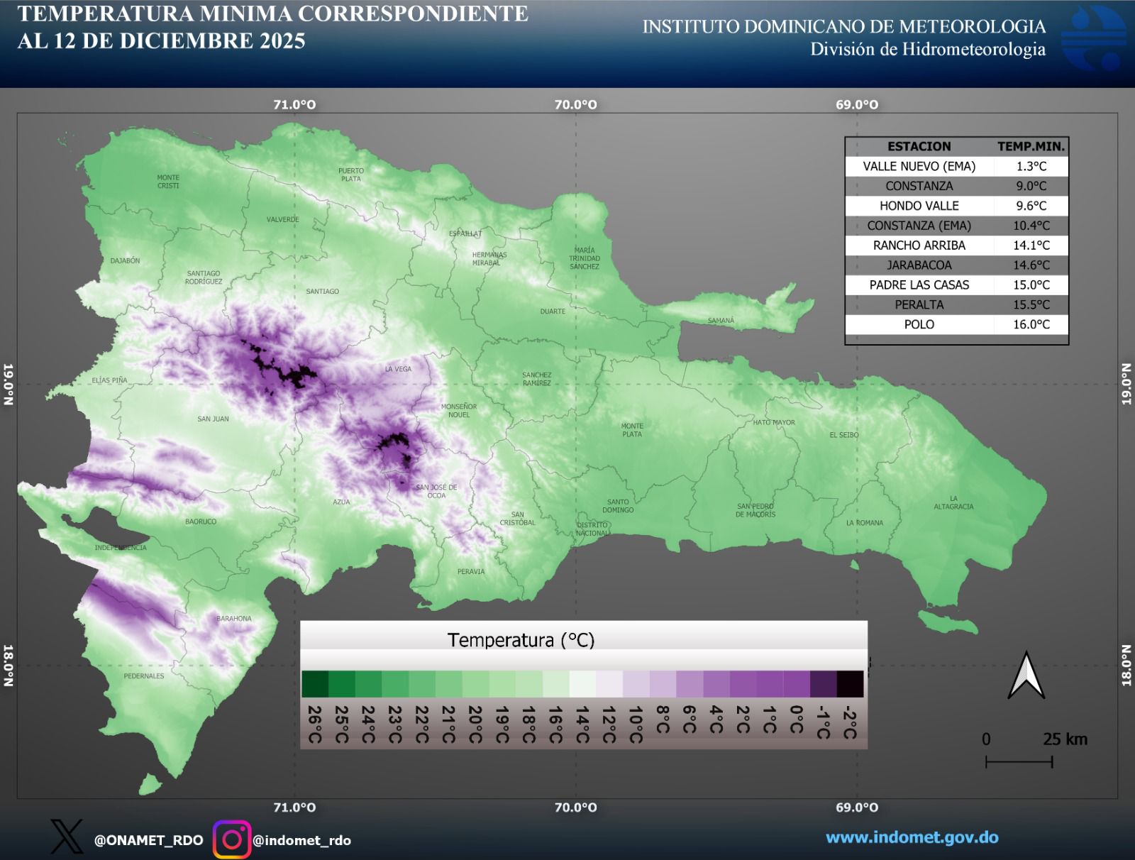 Mapa de temperaturas mínimas del 12 de diciembre