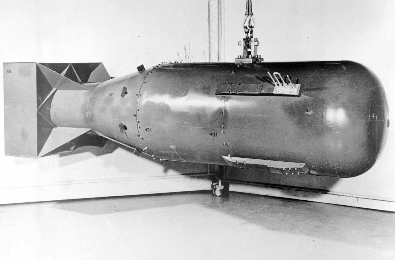 --FILE--This is a file photograph released by the U.S. government in 1960 that shows the Little Boy atom bomb, the type detonated over Hiroshima on Aug. 6, 1945. The bomb was 29 inches in diameter, 126 inches long and weighed 9,700 pounds with a yield equivalent to 20,000 tons of TNT explosive. (AP Photo/Files)