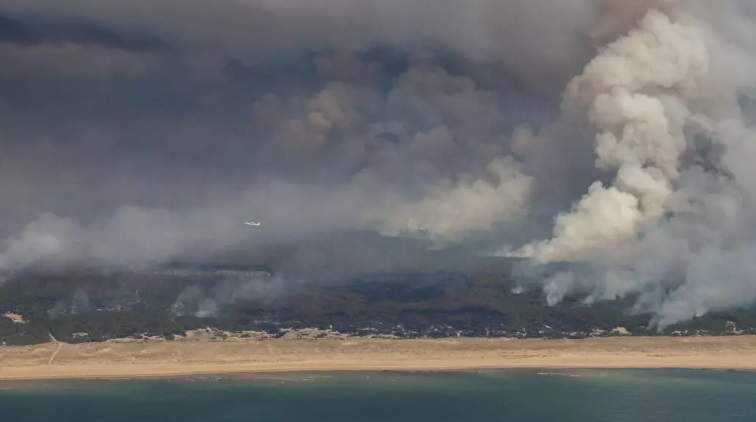 Humo procedente del incendio al norte de la bahía de Arcachon, cerca de Lège-Cap-Ferret, en el suroeste de Francia, el 24 de julio de 2026. © ROMAIN PERROCHEAU / AFP