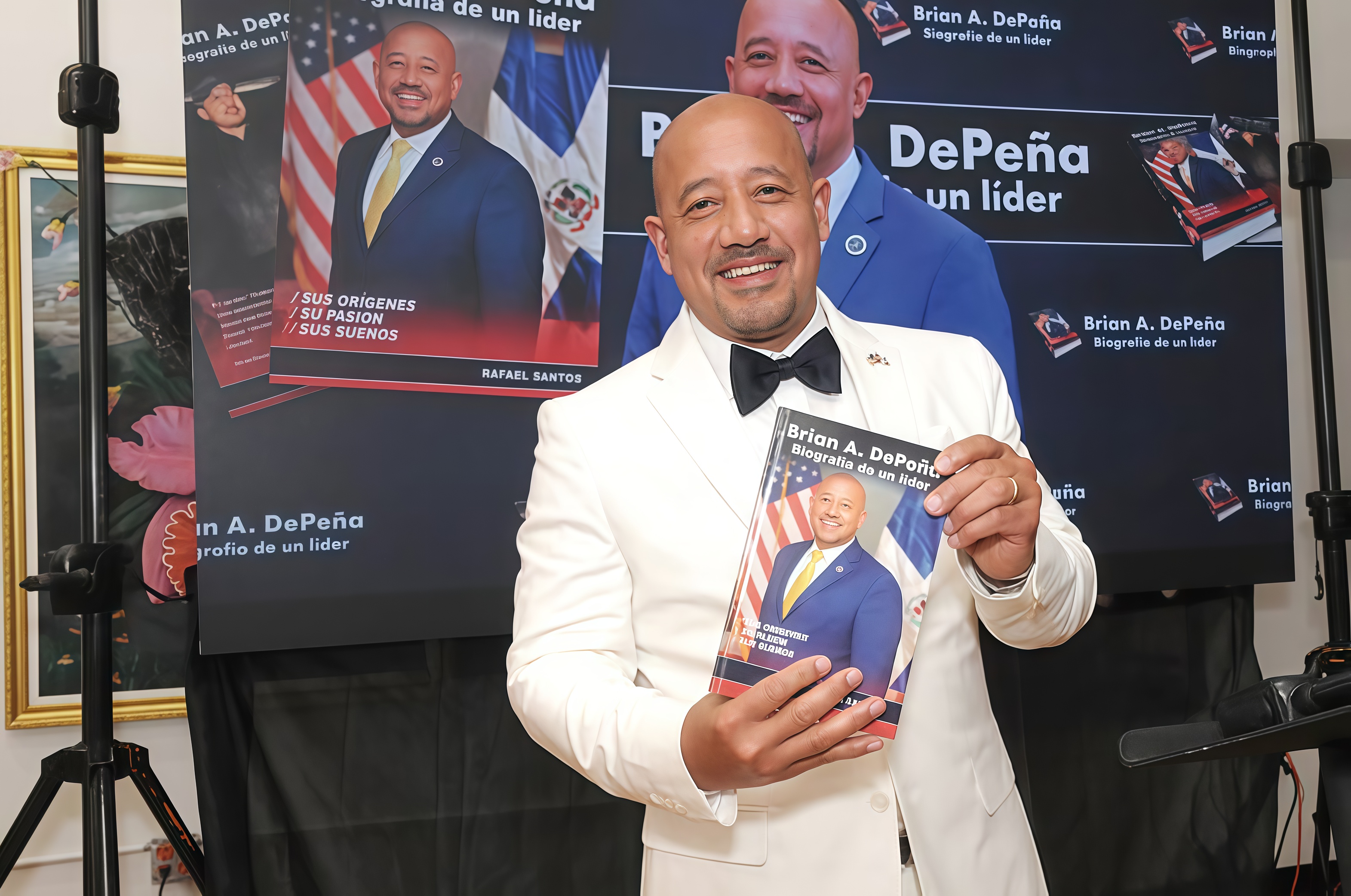 El alcalde Brian DePeña sostiene un ejemplar del libro sobre su biografía, de la autoría de Rafael Santos.