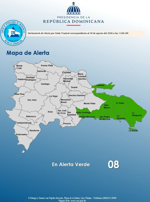 El Centro de Operaciones de Emergencias (COE) emitió este domingo alerta verde para siete provincias y el Distrito Nacional, debido al incremento de humedad en la masa de aire provocado por una activa onda tropical ubicada al este de Puerto Rico, según el informe del Instituto Dominicano de Meteorología (INDOMET).

Las demarcaciones bajo alerta son: provincia Santo Domingo, Distrito Nacional, Samaná, San Pedro de Macorís, Hato Mayor, La Romana, El Seibo y La Altagracia.

El COE recomendó a la población abstenerse de cruzar ríos, arroyos y cañadas con alto volumen de agua, así como evitar el uso de balnearios en las provincias bajo vigilancia.

La medida busca prevenir incidentes ante posibles inundaciones repentinas y urbanas, producto de las lluvias asociadas al sistema atmosférico.