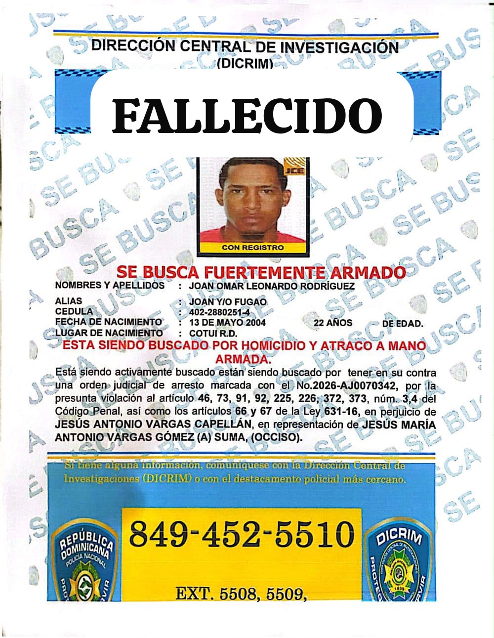 Peligroso delincuente apodado “Fugao”, buscado mediante dos órdenes judiciales por múltiples hechos delictivos, fallece tras enfrentar patrulla policial en carretera Pimentel-Nagua